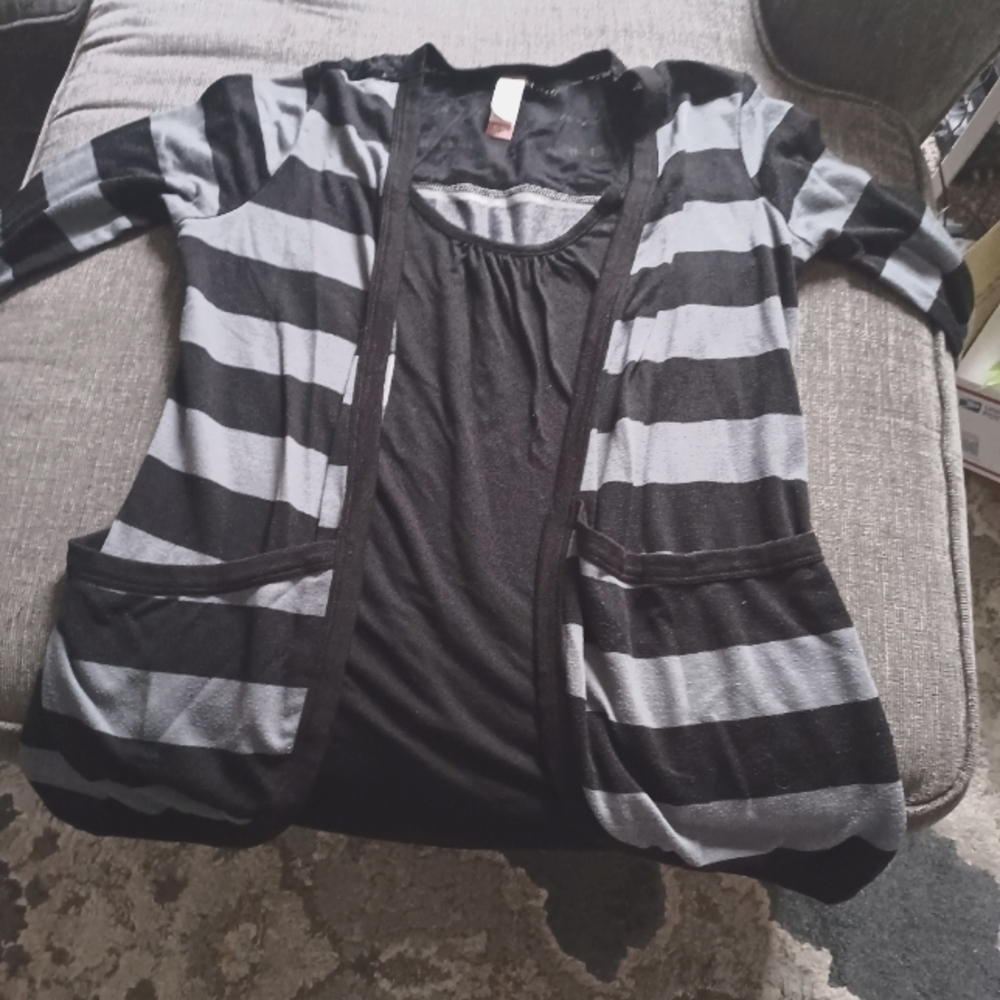 Black and Gray Striped Cardigan With Tank Underneath
